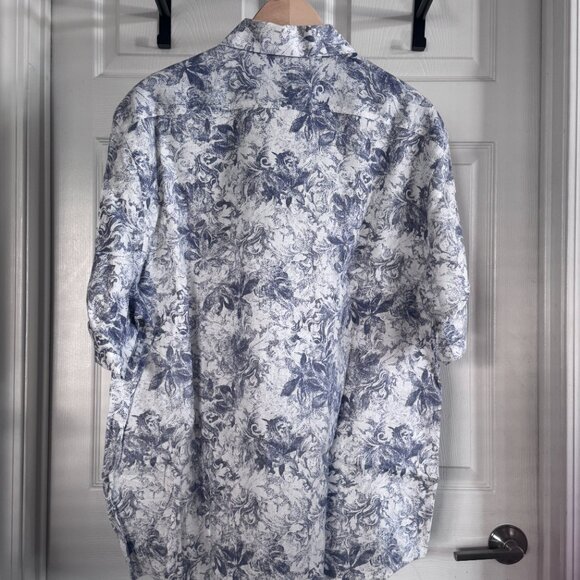 Joseph Abboud S/S Shirt w/ Navy Blue Floral Pattern on White Linen, XL - Picture 3 of 4